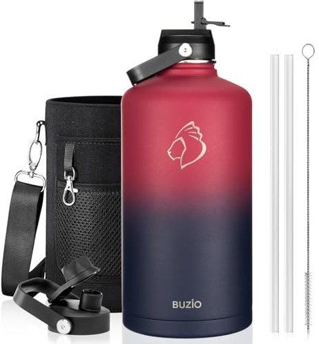 BUZIO 3.7L Insulated Water Bottle Stainless Steel with Straw & Spout Lid | Big Metal Water Gallon, Keeps Cold 48 Hrs Hot 24 Hrs, Leakproof Drink Bottles, BPA-Free, for Gym, Travel, Sports