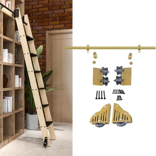 Goldenes Schiebeleiter-Hardware-Set – 100–732 cm, robuste Gleitschienen, rollende Bibliothek, Leiterschienen-Set, Rollensystem für Zuhause, Innenbereich, Dachboden (keine Leiter)(488m Gleisbausatz)