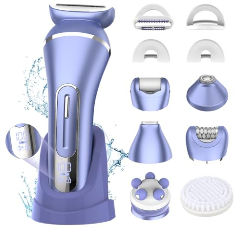 Rasoi elettrici da donna, kit di depilazione 7 in 1 con epilatore, rasoio per il viso, spazzola per il corpo, massaggiatore per viso, rimozione calli dei piedi, set di rasoi impermeabili IPX7 per