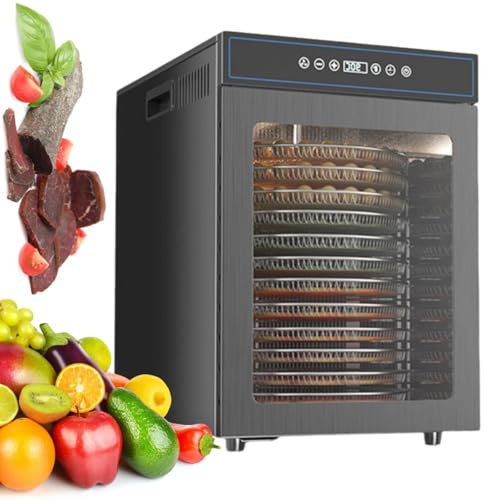 12 Trays Rotating Fruit Dehydrator, Stainless Steel Dehydrator, 1000W Food Dryer, 24H Timer Meat Dehydrators for Jerky and Beef, Dog Treats, Yogurt, Herbs, Vegetables, Fruit Roll,Black-110V