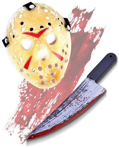 Mega_Jumble Adult Jason Voorhees Mask & Bloody Machete Props - Creepy Halloween Demon Killer Horror Scary Party Fancy Dress Costume