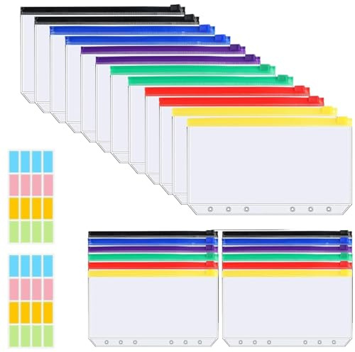 A5 Binder Taschen, 24 Stück 6 Loch PVC Binder Dokumententasche Reißverschluss Mappe mit 32 Aufkleber Etikett A5 Klarsichthüllen für Dateien Dokumente Notizbücher Karten