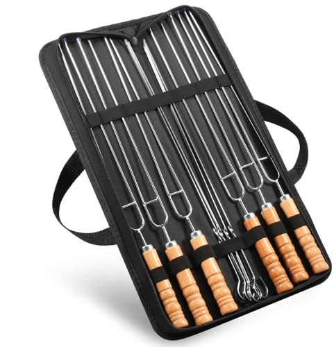 Sesaver 10 Pcs BBQ Skewers and Double Prongs Metal Kebab Skewers with Wood Handles, Barbecue Skewer with Canvas Bag Reusable Stainless Steel Flat Kebab Skewer for Vegetable BBQ Accessories