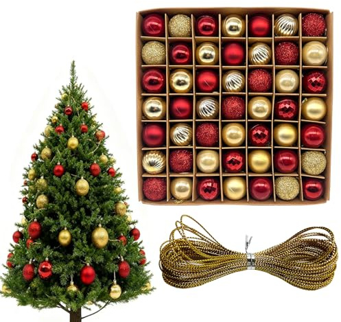 LIUYIDM Palle Natalizie Set da 49 Pezzi Set Decorazioni Albero di Natale 3 cm Palline di Natale Bianche e Oro con 10 Metri di Filo d'oro, Adatto per Decorazioni Natalizie (Oro Rosso)