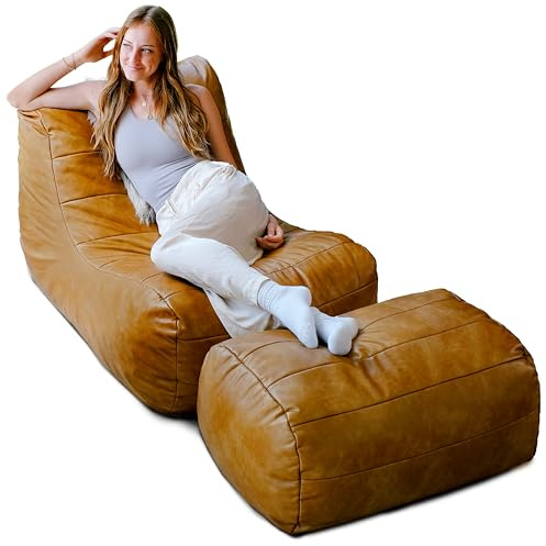 Big Joe Modora Bean Bag Lounger, Living Room and Gaming Seat, Copper Harbor Vegan Leather, Chair & Ottoman Set