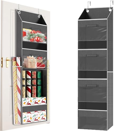JNUYISW Geschenkpapier Aufbewahrung, Geschenkpapier Organizer an der Tür mit abnehmbaren Schubladen, Seitentaschen Hängende Aufbewahrungstasche für Bänder, Schleifen, Tags, Dekorationen 142x38x18cm