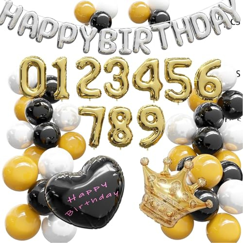 DALEMHOME Geburtstagsdeko mit Zahlen 0-9, 65-teiliges Luftballon Set, Wiederverwendbare Party Deko mit 81cm Zahlenballons & Ballongirlande für Alle Altersgruppen (Schwarz Gold)