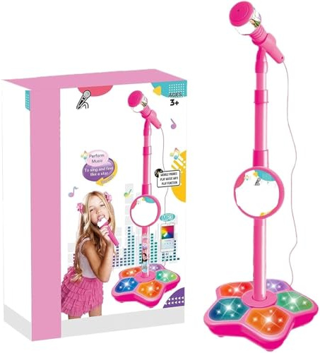 Kids Microphone and Stand, Karaoke Machine Sing Musical Toy Gifts for Girls | LED Stand Karaoke Machine Girls Birthday Presents Adjustable Height Gifts for Girls Kids Toys Age 3-9 Christmas Xmas Gifts