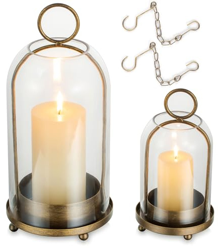 Sziqiqi Windlicht Kerzenständer Stumpenkerzen Messing: Vintage Windlicht Groß mit Glaskuppel für Outdoor Draußen - 2er Set Laternen Kerzenhalter Metall mit Ketten für Tischdeko Wohnzimmer Kamin