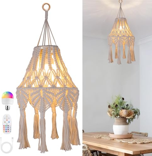 AVAMERY Boho Chic Macrame Pendant Lights with Tassels, Remote Control Dimmable Timer Rechargeable Battery Operated Hanging Lamp, Cotton Rope Wall Decor for Bedroom Living Room