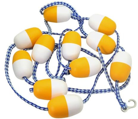 JoyousMall Corda divisoria di sicurezza in nylon per piscine e corsi d'acqua, 5 m, con 11 palline galleggianti, colore: blu, bianco, giallo, per design intrecciato con ganci in acciaio inox