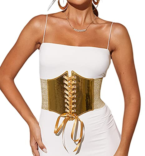 Vdaxvme Cinturón ancho de vestir dorado, corsé Y2k, corsé debajo del busto, dorado grande para mujer, elástico para cinchas de cintura, elástico para