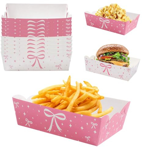 24 Pcs Pink Bow Party Food Trays, Pink Patterned Paper Food Trays for Cinema, Birthday Parties, Wedding Events, Grease Resistant Disposable Serving Paper Trays for Party Supplies