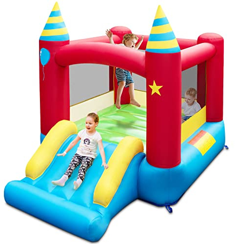 GYMAX Kids Bouncy Castle, Inflatable Jumping House with Slide & Carry Bag, Indoor Outdoor Children Bounce Playhouse for 3-10 Years Old Boys Girls (without Blower) | with Slide & Carry Bag, Indoor Outdoor Children Bounce Playhouse for 3-10 Years Old Boys Girls
