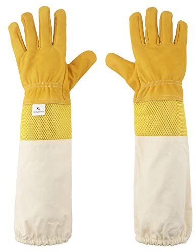 KINGLAKE Gelb Schutzhandschuhe Bienenzuch Ziegenleder EIN Paar Bienenzucht Handschuhe mit belüftetem Ärmel Perfekt Schutz für die Imker