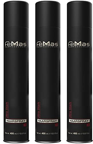 FemMas Haarspray Ultra Stark 400 ml I Stylingspray für Volumen & Glanz I Haar-Spray für ultra starken Halt I natürliches Finish ohne Verkleben I Ultra Strong Hairspray I für alle Haartypen I 3 Stück