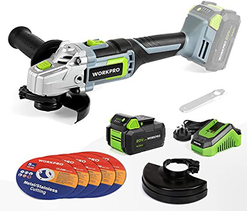 WORKPRO 20V Cordless Angle Grinder 125mm, 7500rpm, 4.0Ah Lithium-ion Battery and Fast Charger, 5PCS Cutting Wheels Included