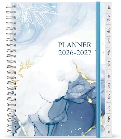 2026-2027 Diary/Planner, July 2026 - June 2027, A5 Weekly Monthly Planner with 12 Monthly Tabs, Back Pocket, Planner 2026-2027 with Elastic Closure, Flexible Cover, 14.8×21cm, Blue Watercolor