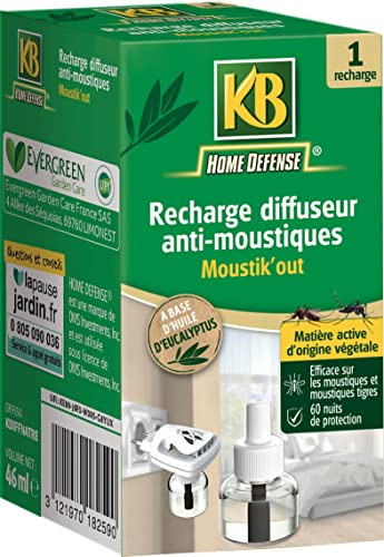 KB HOME DEFENSE KDIFFNATRE - Recharge Diffuseur Prise Anti-Moustiques Sans Insecticide 46 ml - A base d'huile d'eucalyptus, matière active végétale - Protège pendant 60 nuits - 1 diffuseur = 20 m²