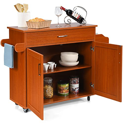GIANTEX Küchenwagen mit Arbeitsplatte, Küchenschrank mit Rollen, bewegliche Kücheninsel Holz, Servierwagen Küchenrollwagen Rollwagen mit Schublade, Küchentrolley 116 x 40 x 85 cm, Braun