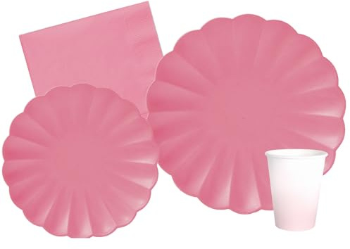 Ciao - Party Tableware Set Flower Shape for 8 People (44 pcs: 8 Plates Ø23cm, 8 Plates Ø18cm, 8 Cups 200ml, 20 Napkins 33x33cm) in eco-Friendly compostable Paper, Old Rose