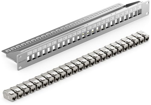 deleyCON Kit de 24 Ports Panneau de Brassage Modulaire 1 U 19 Installation en Rack + 24x Modules Keystone RJ45 CAT6a Compatible avec Câble Réseau LAN CAT5 CAT6 CAT7 Câble D'installation Gris