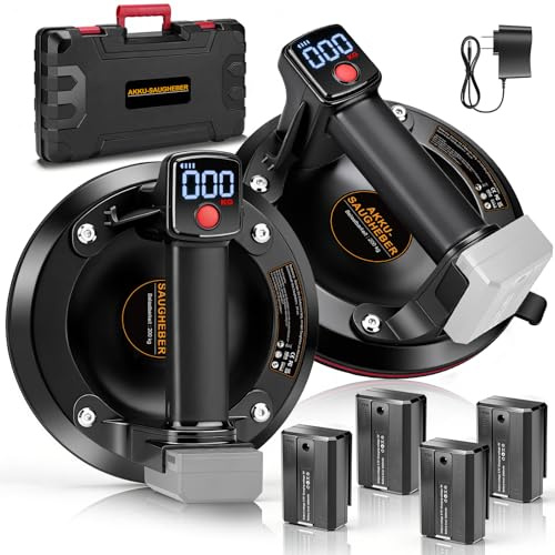 Akku Saugheber Fliesen, 20 cm Elektrischer Saugheber, 200KG Tragkraft | Plattenheber Vakuumheber mit 4x 3000mAh Akkus, LCD-Display, Fliesenheber Saugheber Glas für Fliesen, Glas, Marmor, 2er Set