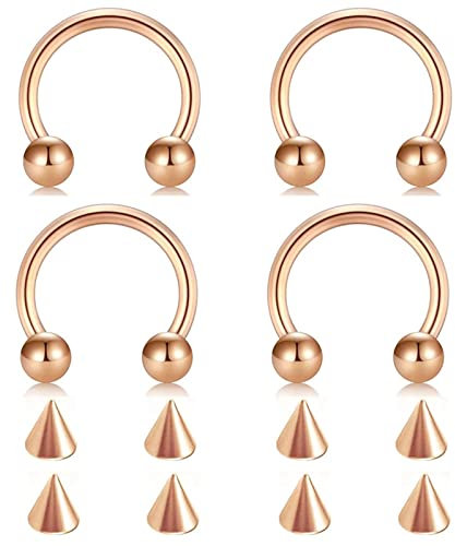 Lieson 4 Stück Nasenring Piercing Edelstahl 16G Nasenpiercing C Form Mit Kugeln und Kegel Ersatzkugeln 10MM Piercing Septum Knorpel Tragus Helix Ohrringe Rosegold