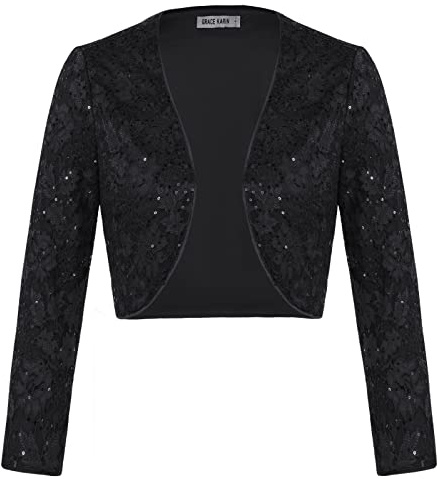 GRACE KARIN Damen Pailletten Bolero Glanzvoll Disco Langarm Funkelndes Kurzes Strickjacke Schwarz L