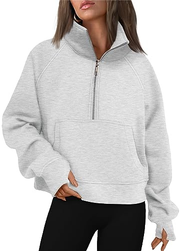 AUTOMET Womens Sweatshirts Half Zip Jacket Crop Tops Pullover Fleece Quarter Zipper Cardigans Sweater Hoodies 2026 Trendy Fall Fashion Coats Outfits Clothes Grey Medium