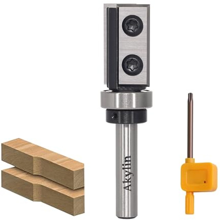 AKYLIN Fraise à Affleurer à Plaques Réversibles - Tige 8 mm, Lame Carbure Interchangeable 4 Côtés, Roulement à Billes - Pour Traitement des Bords en Bois