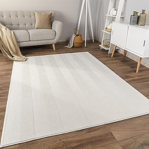 Paco Home Teppich Wohnzimmer Schlafzimmer Kurzflor rutschfest Skandinavisches Boho Design Einfarbig Geometrisch 3D Effekt Modern, Grösse:160x220 cm, Farbe:Creme