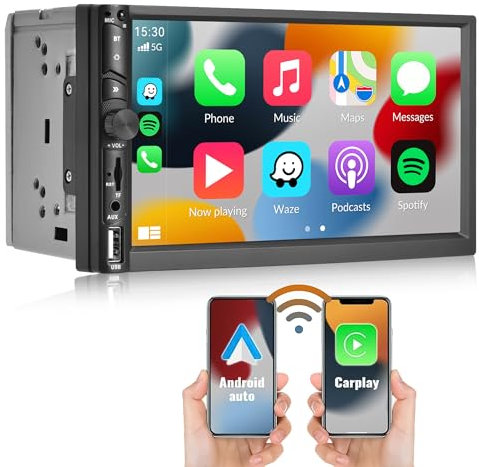 CAMECHO Autoradio 2 DIN,con CarPlay e Android Auto senza fili, 7 Pollici Stereo Auto con Bluetooth/Mirror Link/FM/AUX/TF/SWC+Telecamera Posteriore