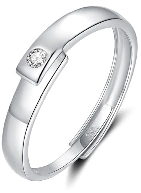 Bewenda Silber Herren Ringe, 925 Sterling Silber Partner Ringe für Mann, Verstellbar Partnerringe Verlobungsring Hochzeitsring, Einfach Eheringe Band Ring mit Weiß Zirkonia, Geschenk für Liebe Freund