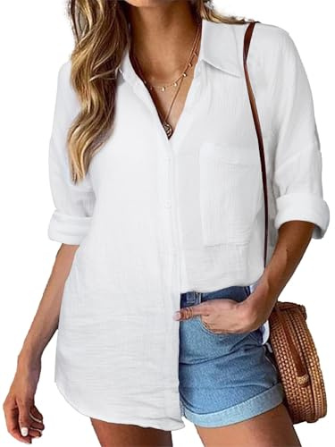 Aottori Musselin Bluse Damen Oversize Hemdbluse Oberteile Langarm Hemd Longbluse Langarmshirt Elegant V-Ausschnitt Baumwolle Lockere Blusenshirt Blusen Tunika mit Tasche Weiß M