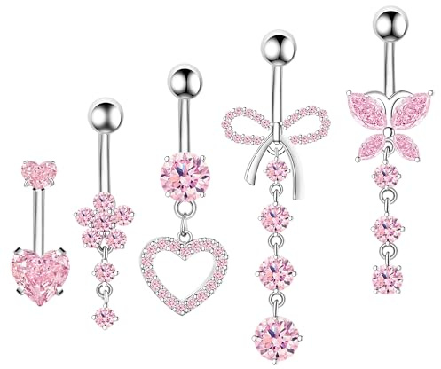 BSJ4U Belly Button Ring Dangle Navel Belly Piercing Jewelry Cute Pink CZ Heart Butterfly Bow Flower Navel Belly Rings for Women 14G Silver Stainless Steel Dainty Dangly Dangling Belly Button Piercing
