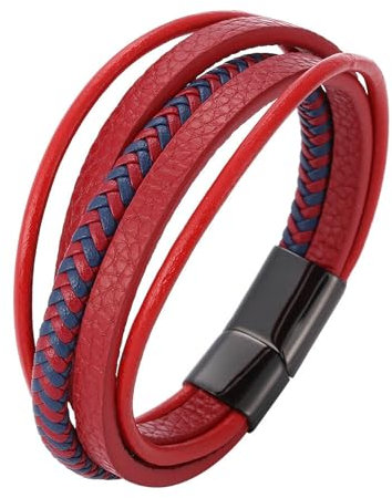 Beydodo Leder Armbänder für Männer mit Gravur, Armband Herren 12MM Mehrschichtig Charms Armbänder mit Magnetverschluss Partnerarmband Rot Blau 18.5CM