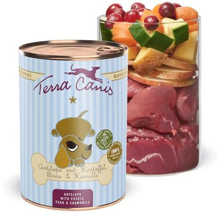 Terra Canis Antilope, pera, castagna & camomillaa - Alimento umido Puppy, 400g I Alimento premium per cani con ingredienti di autentica qualità human-grade al 100% I Ricco di calcio, grain-free