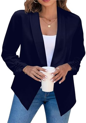 PUDANA Veste De Costume À Manches Longues pour Femmes Revers Veste Cardigan Slim Fit Couleur Unie Printemps Été Blazer Bleu Marine 2XL