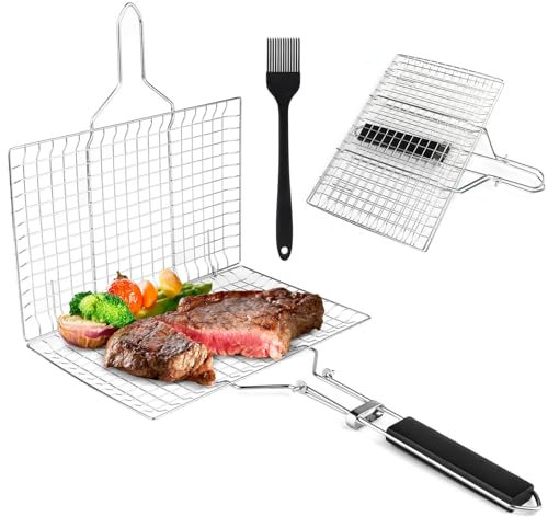 BBQ Grillkorb Fisch Grillhalter, Grillkörbe Edelstahl Faltbar Tragbar, Grillzubehör fischzange zum grillen zum Grillengrill korb für fische Gemüse ung Chicken Wings mit Backpinsel Grill Zubehör