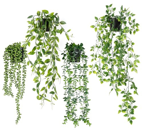 Halbur 4PCS Artificial Hanging Plants, Fake plants, Hanging Plant Pot such as Real, Ivy Artificial, Eucalyptus, Tear of the Lover Decoration, Mandala Vine for Indoor and Outdoor 47–80 cm