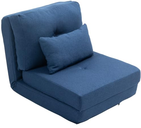 HOMCOM Sessel umwandelbar 1-Sitzer - Lounge Chair mit verstellbarer Rückenlehne, geeignet für Entspannen und Schlafen - Metallgestell, Leinenbezug in Blau, max. Belastung 90 kg