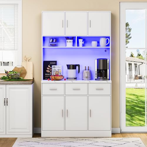 LAKFEW LED-Hochschrank, Ablageschrank, Multifunktionaler Buffetschrank mit 3 Ablageschubladen und 6 Türen, Küchenschrank mit USB-Ladeanschluss, Aufbewahrungsschrank, Wohnzimmerschrank, Weiß