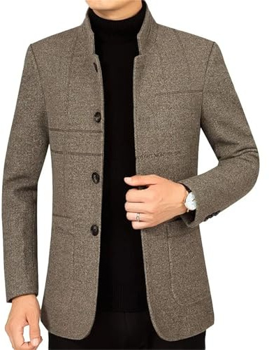 Men's Cashmere Blended Stand Collar Long Sleeve Single Breasted Blazer Business Casual Soft Jacket Brown L