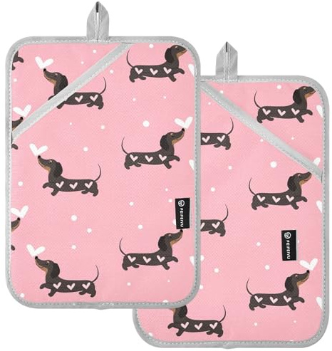 Benutzerdefinierte Topflappen-Sets mit rosa Dackel-Hunden, hitzebeständige Ofenhandschuhe und Topflappen für Thekendekoration, Küchenutensilien, 2 Stück