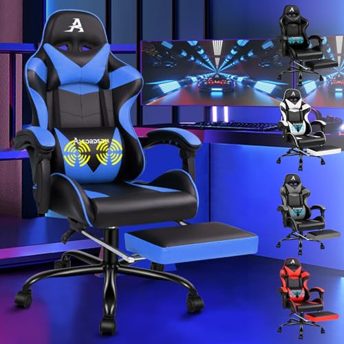 ALFORDSON Gaming Stuhl Massge Videospielstuhl, ergonomischer Bürostuhl, Schreibtischstuhl, Neigungswinkel 90°-150°, höhenverstellbarer PC-Stuhl, 180 kg Tragkraft, PU-Leder, 360° Drehstuhl, Blau