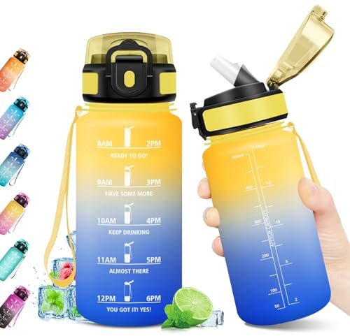 Borraccia 500ml, Bottiglia con Marcatori Temporali, Borraccia con Cannuccia, Bottiglia Acqua Riutilizzabile, Borraccia senza BPA, A Prova di Perdite, Borraccia per Bambini, Scuola, Ufficio, Sport