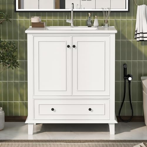 Moimhear 76x46x87cm Mobile bagno, lavabo, gambe in legno massello, completamente laccato, resistente all'umidità e all'acqua, lavabo in ceramica integrato (Bianco)