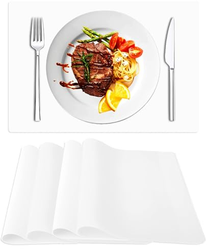 Siliconty Silikon-Tischsets, Hitzebeständig, rutschfest, Für Esstisch und Küche, Wasserdicht, Abwischbar, Leicht Zu Reinigen, 40cm x 30cm x0.7mm,Ultra-dünne Halbtransparent (4Pcs, Weiß)