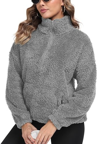 IWOLLENCE Damtröja vinter teddy jacka dam fleece gosig jacka, GRÅ, XXL | Sherpajacka varm sweatshirt utan huva troyer halv dragkedja tröja